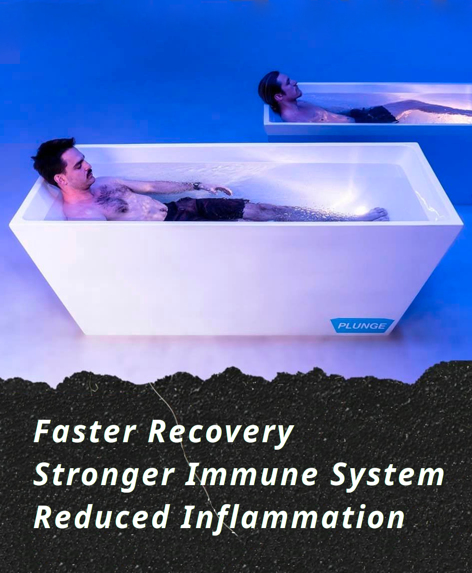 Poster of 2 people in a cold plunge and text that reads 'Faster Recovery, Stronger Immune System, Reduced Inflammation'